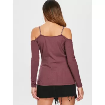 Rhinestone Cut Out Shoulder Zipper Knitwear - Rosy Finch