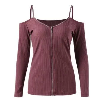 Rhinestone Cut Out Shoulder Zipper Knitwear - Rosy Finch