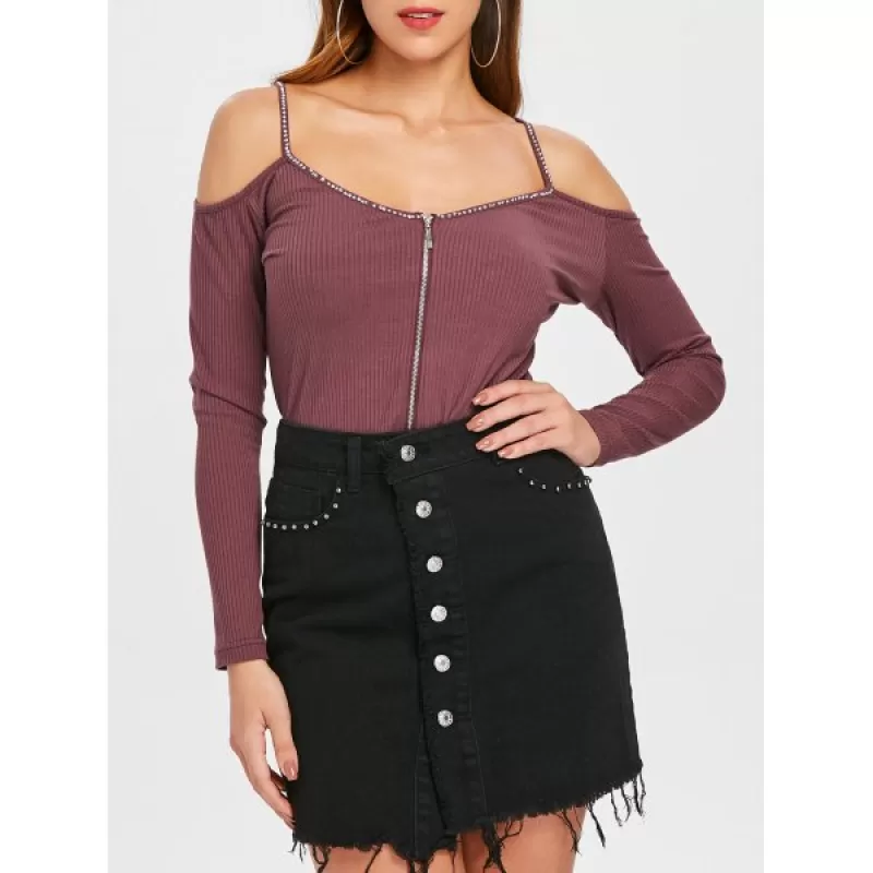 Rhinestone Cut Out Shoulder Zipper Knitwear - Rosy Finch