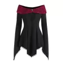 Rhinestone Embellished Lace Insert Asymmetrical T-shirt - Black