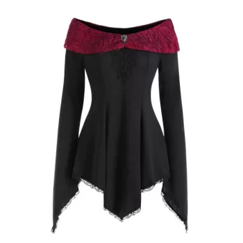 Rhinestone Embellished Lace Insert Asymmetrical T-shirt - Black