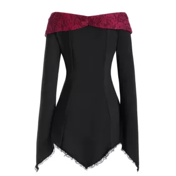 Rhinestone Embellished Lace Insert Asymmetrical T-shirt - Black