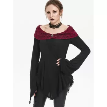 Rhinestone Embellished Lace Insert Asymmetrical T-shirt - Black