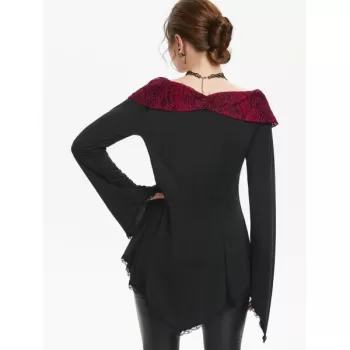 Rhinestone Embellished Lace Insert Asymmetrical T-shirt - Black