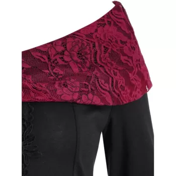 Rhinestone Embellished Lace Insert Asymmetrical T-shirt - Black