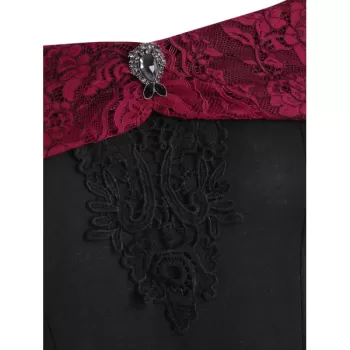 Rhinestone Embellished Lace Insert Asymmetrical T-shirt - Black