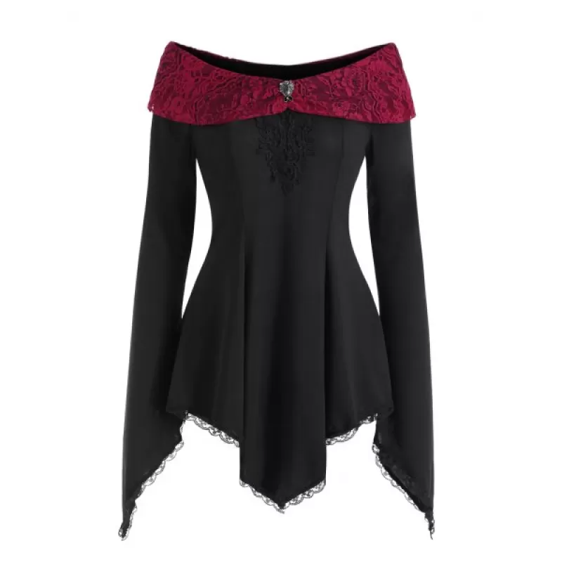 Rhinestone Embellished Lace Insert Asymmetrical T-shirt - Black