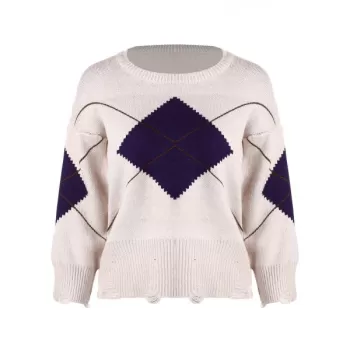 Ripped Drop Shoulder Knit Sweater - Warm White One