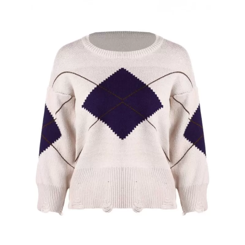 Ripped Drop Shoulder Knit Sweater - Warm White One