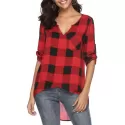 Roll Tab leeves Plaid Pocket Blouse - Red