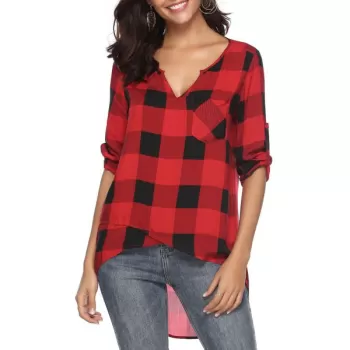 Roll Tab leeves Plaid Pocket Blouse - Red