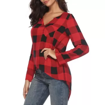 Roll Tab leeves Plaid Pocket Blouse - Red