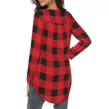 Roll Tab leeves Plaid Pocket Blouse - Red