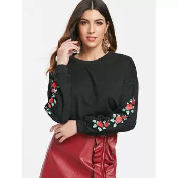 Rose Print Long Sleeve Sweatshirt - Black
