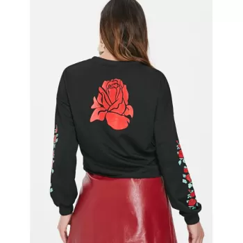 Rose Print Long Sleeve Sweatshirt - Black