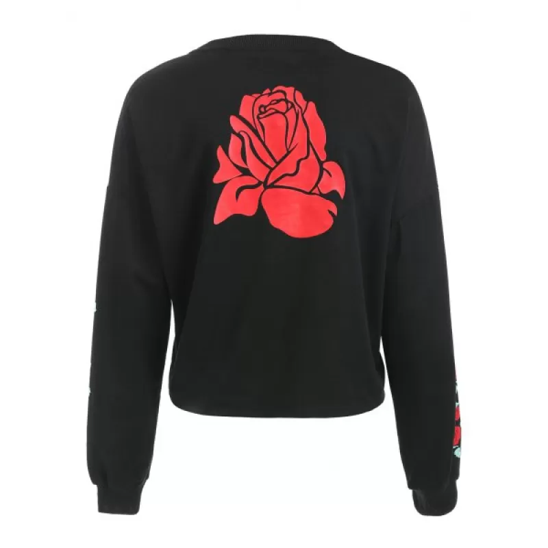Rose Print Long Sleeve Sweatshirt - Black