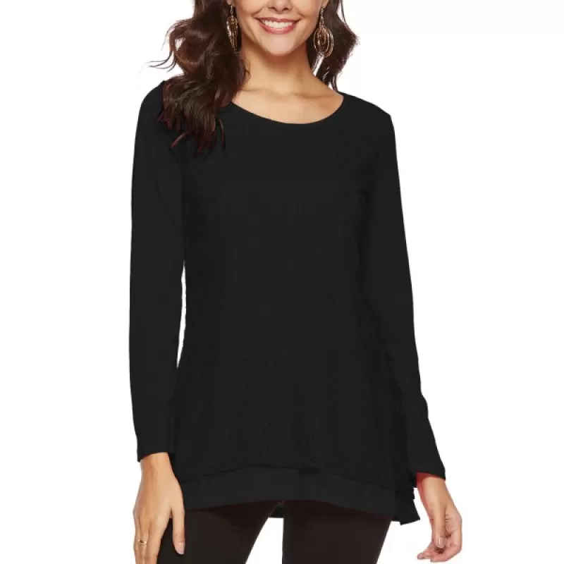 Round Collar Long Sleeve Lace Patchwork T-shir - Black