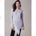 Round Neck Long Sleeve Lace Splicing Asymmetrical Sweater For Women - Gray One Size(fit Size Xs To