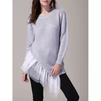 Round Neck Long Sleeve Lace Splicing Asymmetrical Sweater For Women - Gray One Size(fit Size Xs To