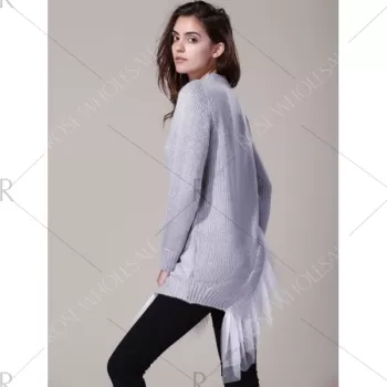 Round Neck Long Sleeve Lace Splicing Asymmetrical Sweater For Women - Gray One Size(fit Size Xs To
