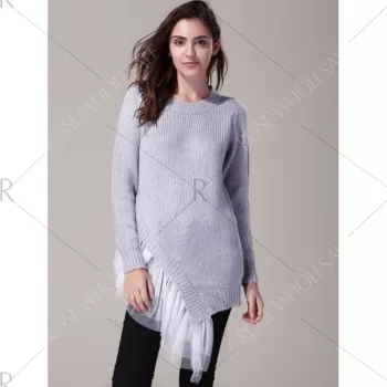Round Neck Long Sleeve Lace Splicing Asymmetrical Sweater For Women - Gray One Size(fit Size Xs To