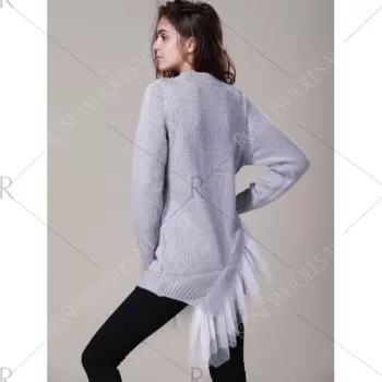 Round Neck Long Sleeve Lace Splicing Asymmetrical Sweater For Women - Gray One Size(fit Size Xs To