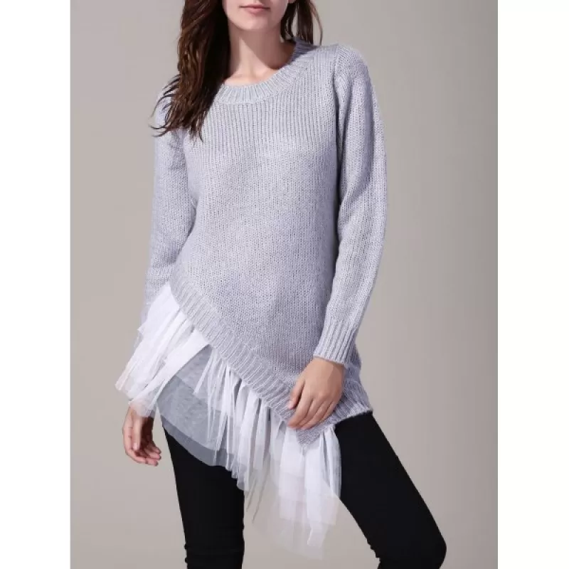 Round Neck Long Sleeve Lace Splicing Asymmetrical Sweater For Women - Gray One Size(fit Size Xs To