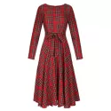 Round Neck Long leeve Mid-length Plaid Dress - Red