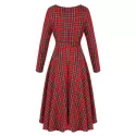 Round Neck Long leeve Mid-length Plaid Dress - Red
