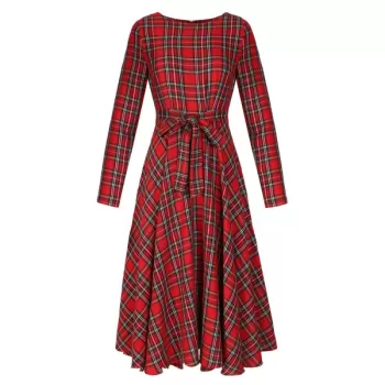 Round Neck Long leeve Mid-length Plaid Dress - Red