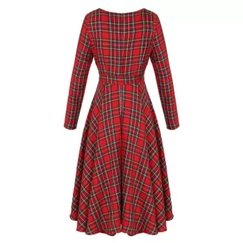 Round Neck Long leeve Mid-length Plaid Dress - Red