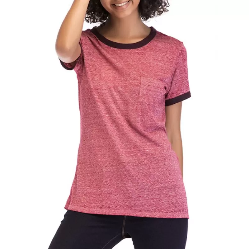 Round Neck Short Sleeve Basic T-shirt - Blush Red