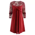Ruched Bust Long leeve Lace Panel Dress - Red Wine