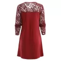 Ruched Bust Long leeve Lace Panel Dress - Red Wine
