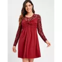 Ruched Bust Long leeve Lace Panel Dress - Red Wine