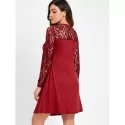 Ruched Bust Long leeve Lace Panel Dress - Red Wine