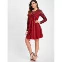 Ruched Bust Long leeve Lace Panel Dress - Red Wine