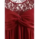 Ruched Bust Long leeve Lace Panel Dress - Red Wine