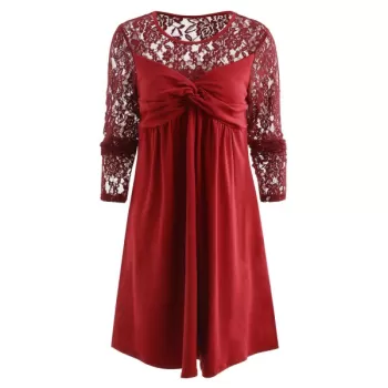 Ruched Bust Long leeve Lace Panel Dress - Red Wine