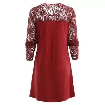 Ruched Bust Long leeve Lace Panel Dress - Red Wine