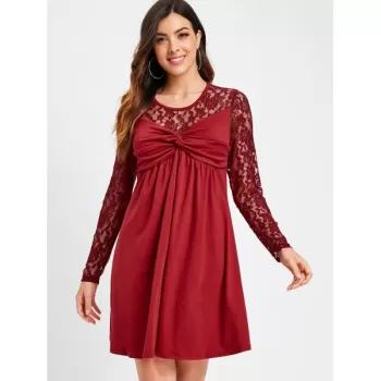 Ruched Bust Long leeve Lace Panel Dress - Red Wine