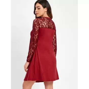 Ruched Bust Long leeve Lace Panel Dress - Red Wine