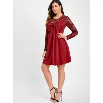 Ruched Bust Long leeve Lace Panel Dress - Red Wine