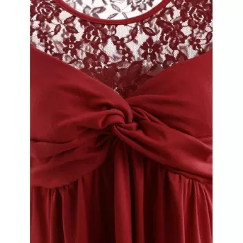 Ruched Bust Long leeve Lace Panel Dress - Red Wine