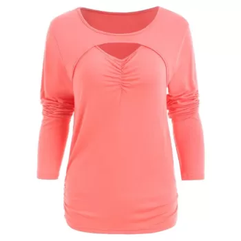 Ruched Bust Long Sleeve Slim Fit T-shirt - Bean Red