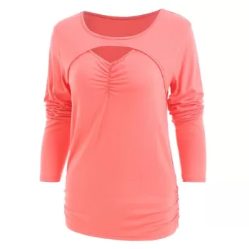 Ruched Bust Long Sleeve Slim Fit T-shirt - Bean Red