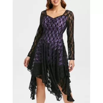 Ruched Lace Long leeve Dress - Purple