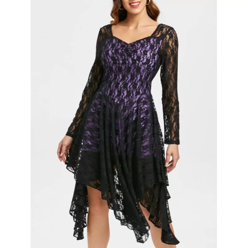 Ruched Lace Long leeve Dress - Purple