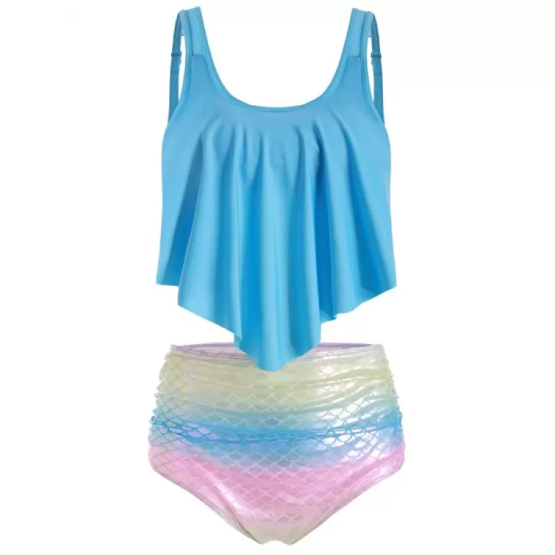 Ruched Rainbow ermaid Tankini Swimsuit - Crystal Blue