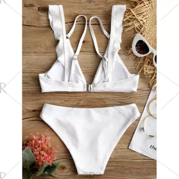 Ruffle Detail Low Waisted Bikini Set - White